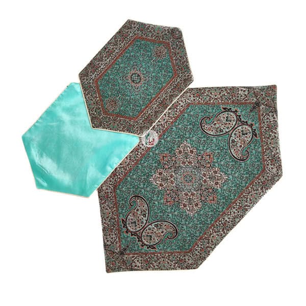 ست 5 تکه رومیزی ترمه طرح آذر – رنگ سبزآبی (فیروزه‌ای)