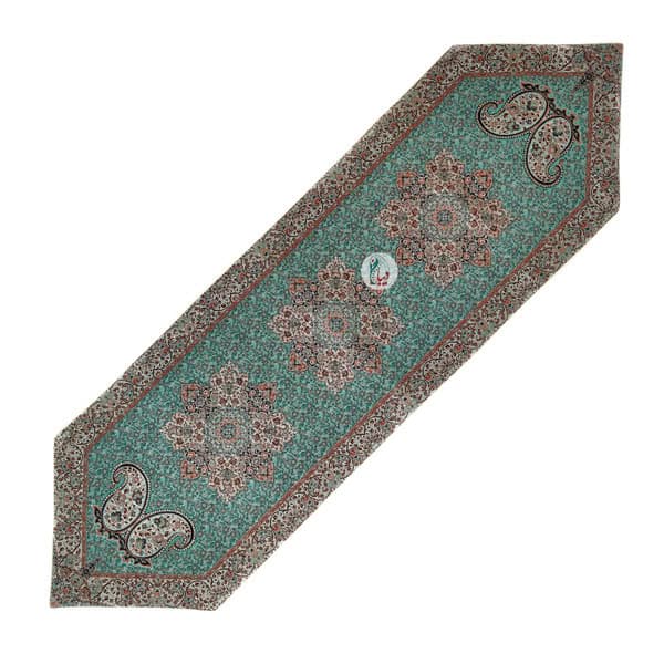 ست 5 تکه رومیزی ترمه طرح آذر – رنگ سبزآبی (فیروزه‌ای)