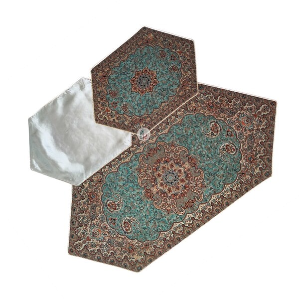 ست 5 تکه رومیزی ترمه طرح ونوس – رنگ سبزآبی (فیروزه‌ای)