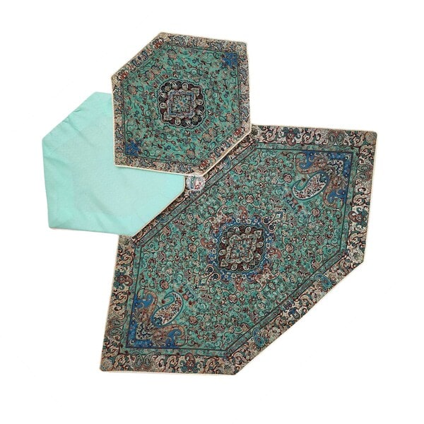 ست 5 تکه رومیزی ترمه طرح چهل ستون – رنگ سبزآبی (فیروزهای)