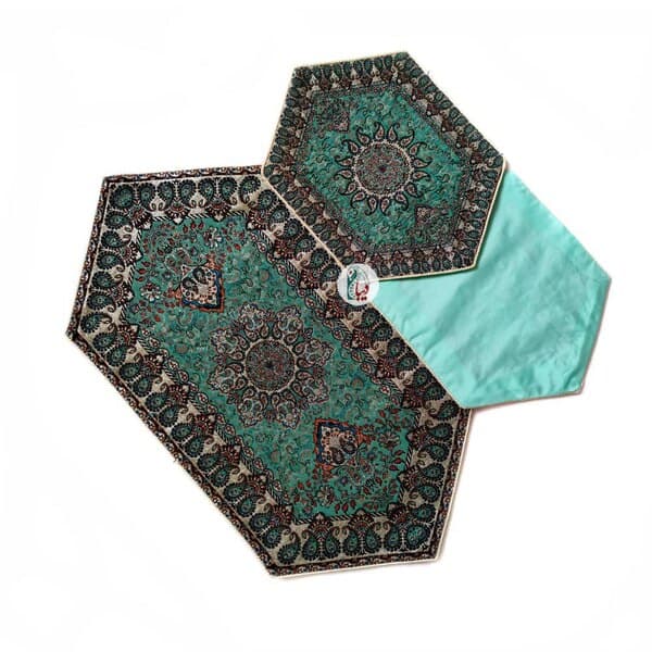 ست 4 تکه رومیزی ترمه طرح بهار – رنگ سبزآبی (فیروزهای)