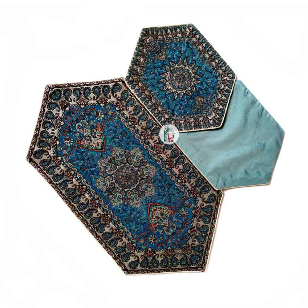 ست 4 تکه رومیزی ترمه طرح بهار – رنگ آبی